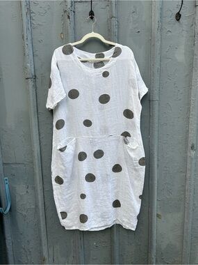 Made in Italy Linen Polka Dot Midi Dress, Approx S/M